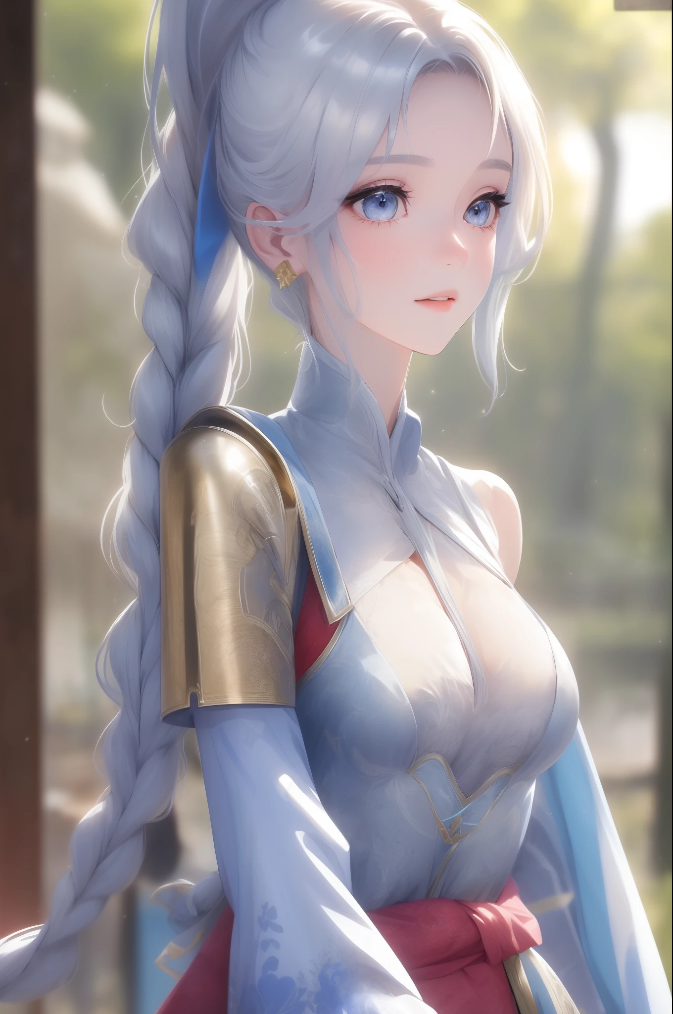 (best quality,masterpiece:1.2), 1girl, long hair ponytail, beautiful blue eyes, elegant silver wavy hair, intricate braid, flowing dress, medium-sized breasts, radiant smile, delicate features, 
(depth of field:1.1), tranquil forest, vast open field, dappled sunlight, serene atmosphere, 
(knightly armor:1.1), polished armor, gleaming helmet, majestic sword, sturdy shield, 
(close up to upper body:1.1), detailed facial expression, refined skin texture, 
(vivid colors), vibrant hues, rich color palette, 
(bokeh:1.1), dreamy bokeh effect, soft focus background, perfect body