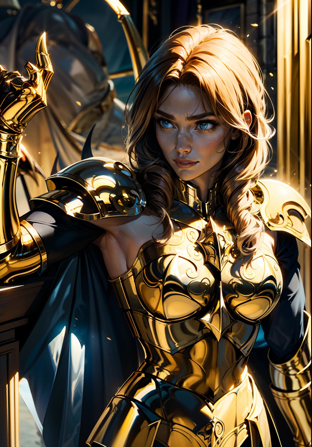 The character of a female knight in golden armor de escorpian , (1girl in), Character of a female knight in golden armor, Female Knight of the Zodiac Scorpion , Against the backdrop of the impressive scorpion king Aurobo eel floating in the sky, 8K High Definition, Intricate details, Breathtaking quality, Armor with emphasis on the chest