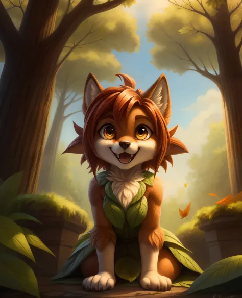 wolfwithwing,,, elora furry, detailed and extremely fluffy body fur, fluff, masterpiece, looking up beautiful surroundings, detailed background, happy, leaf-dress,