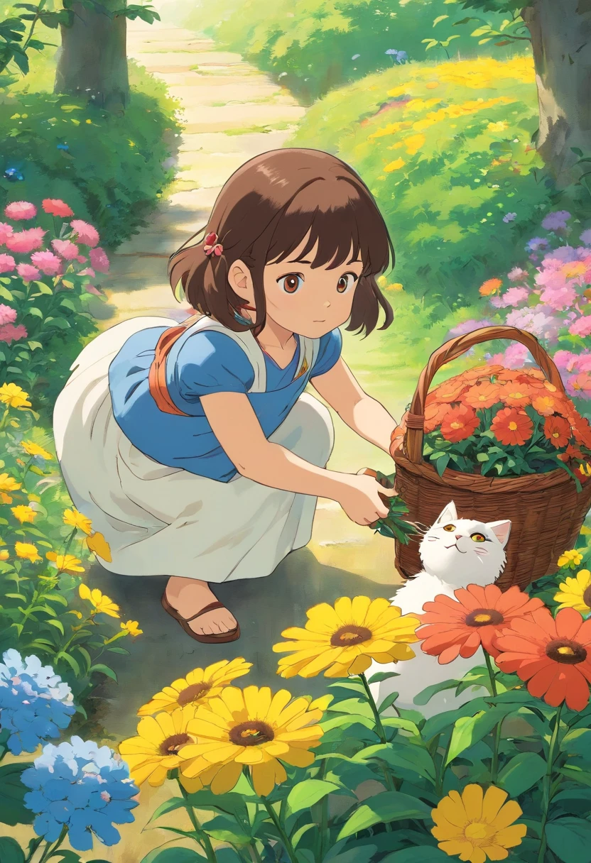 A 5-year-old girl picks flowers with a basket of flowers, Next to it is followed by a round-eyed little flower cat,