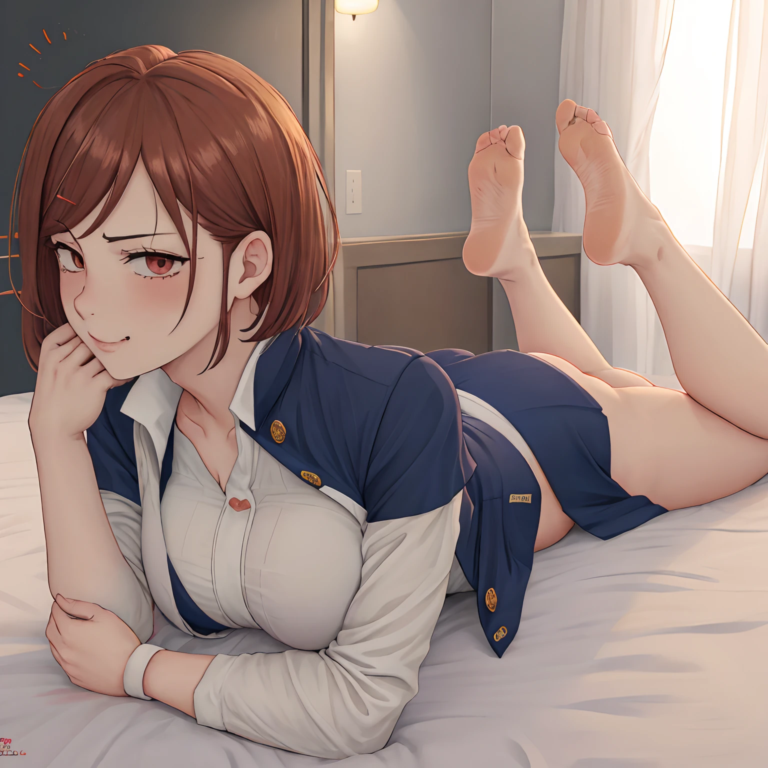 Anime girl,  uniform, ((soles)), ((masterpiece)), (best quality), perfect anatomy, huge , highres, detailed, 1girl, ((bare ass)), (smug), rest on stomach with feet up, only 2 feet, only 2 legs, on bed in plain white bedroom