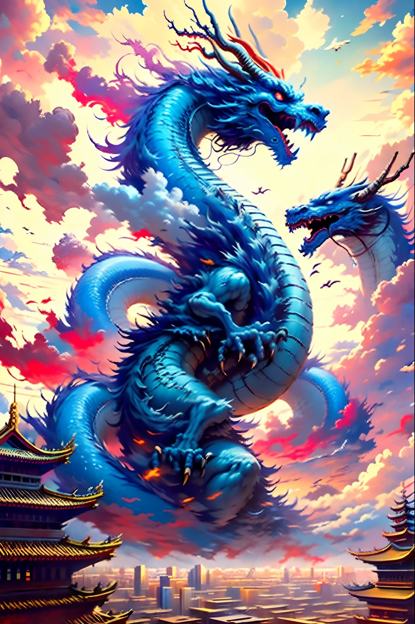 Best quality, masterpiece, ultra high res, nu no humans, (long:1.2),no humans, cloud, architecture, east asian architecture, Blue Eyes, horns, open mouth, sky, fangs, Blue eastern dragon, cloudy sky, teeth, flying, Wind, bird, wings, Cyberpunk Cityscape