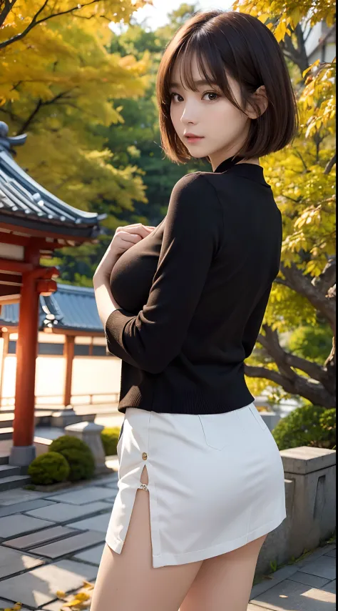 {8K photo quality:1.2}、{ultra-high resolution photo quality:1.2}、{Ultra-realistic1.2}、{perfect limb}、{japanes}、masterpiece、nsfw、1female、20yr old、Being at the shrine、serious facial expression、Black miniskirt、White blouses、Brown bob cut hair、Autumn leaves、ex...