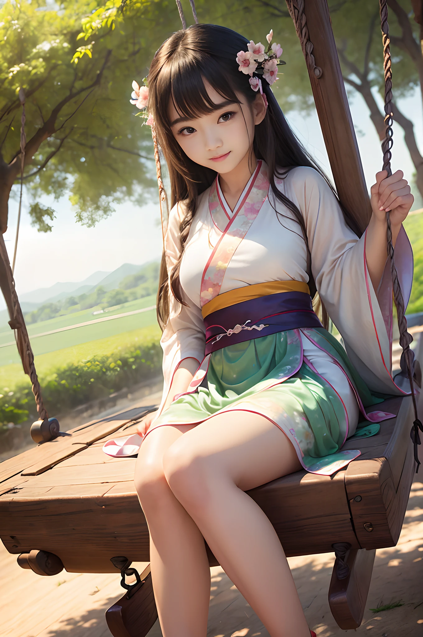 Araffe asian woman sitting on a swing in a park - SeaArt AI