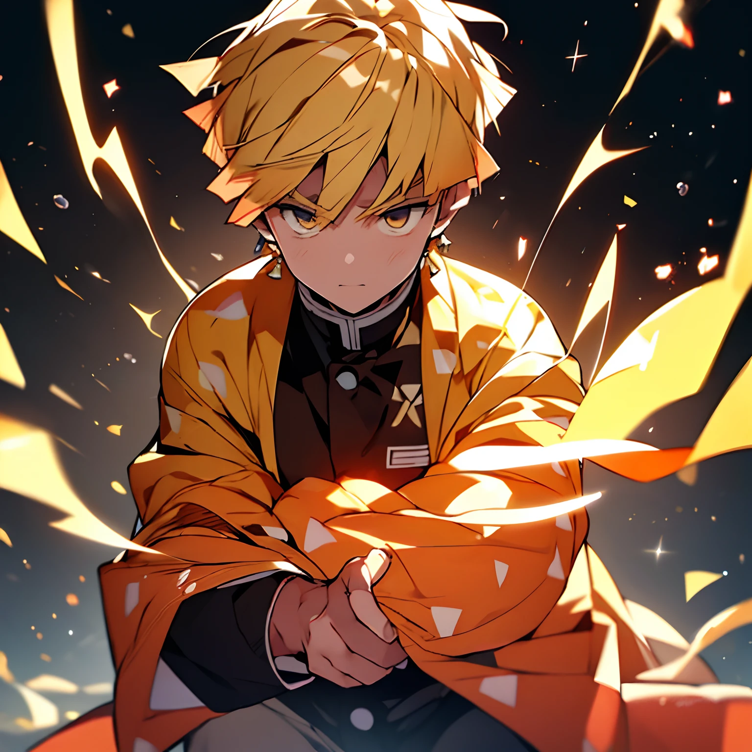 "Craft an intense 32K artwork of Zenitsu in the midst of battle, with his sword drawn and orange energy emanating from him. Utilize the style of the Stars Art Group Xing Xing for a unique visual aesthetic. Ensure every detail, from the folds in his clothing to the intensity of his gaze, is perfectly rendered using Unreal Engine's niji 5 settings."