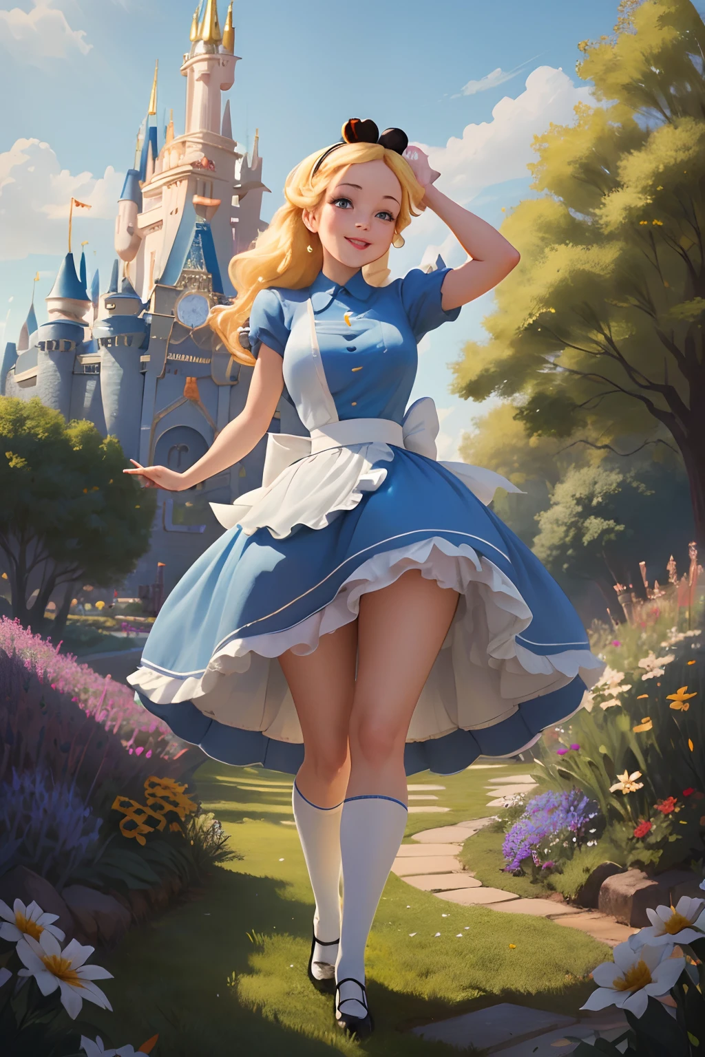 (masterpiece), (best quality), (extremely detailed), alice liddell, blue dress, white apron, black hairband, white long socks, cute pose, in a flower garden, (((disney castle at the background))), (blue sky), (sunny day), 3d. Illustration, Good Highlights, Perfect Proportions, dynamic, Professional, Award winning, (high detailed skin), (high detailed face), photorealistic, HDR, ultra highres, absurdres, perfect body shape, cute smiling, realistic figure, sexy posing, teaser standing, perfect breast, dansing pose