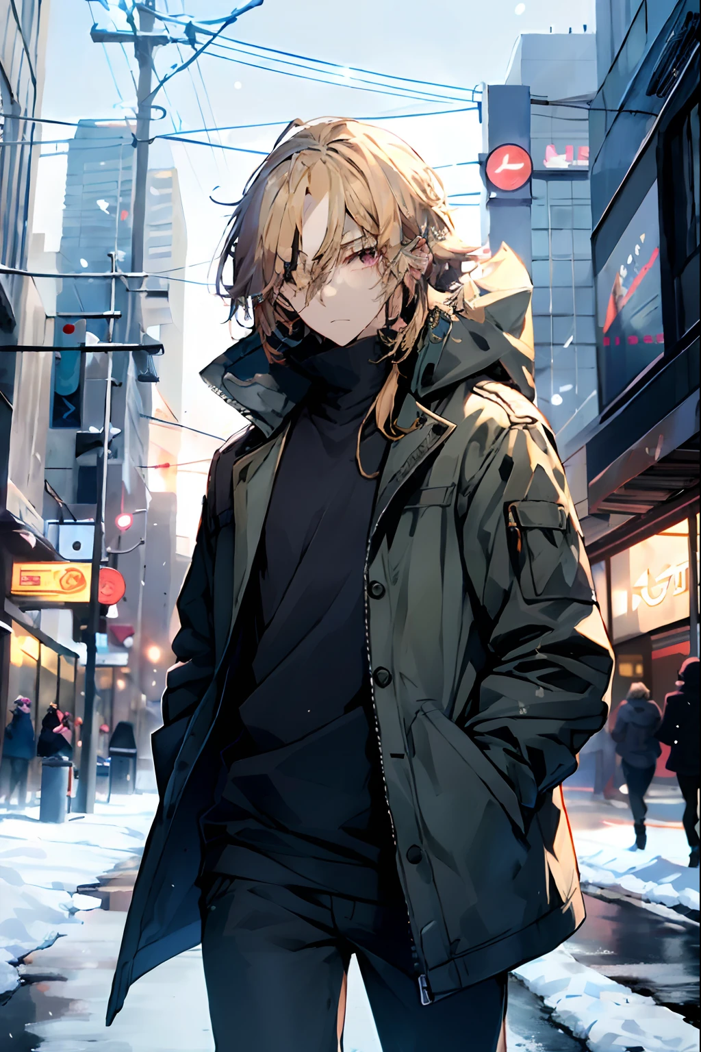 Anime - style image of a man in a black jacket and black pants standing in the snow, Digital anime illustration, estilo anime 4K, cara de anime alto com olhos azuis, jovem homem de anime, arte chave do anime, badass anime 8 k, Papel de parede anime 4k, Melhor Anime 4K Konachan Wallpaper, Anime Wallpaper 4k, 4k anime wallpapers, estilo anime moderno