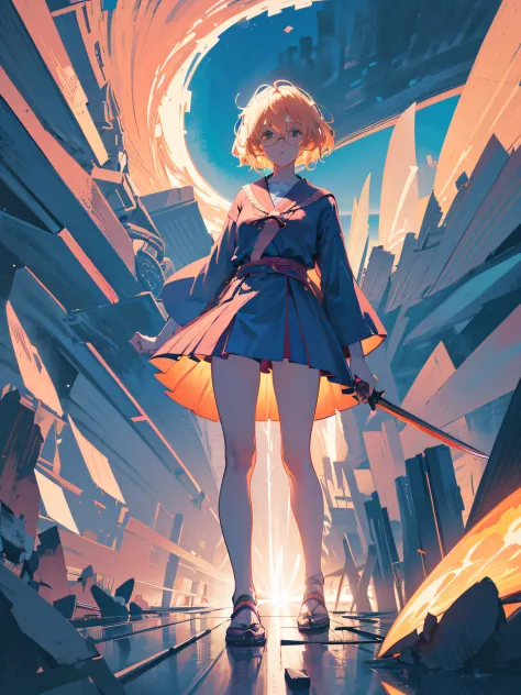 mirai kuriyama, with a finger in her mouth, in the other hand holding her blood sword, standing, glasses almost falling from her...