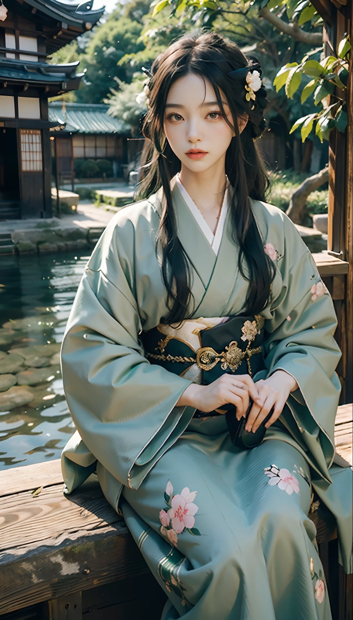 meticulous portrayal of face，1 noblewoman，(Camellia kimono)，(Long flowing black and green hair)，Simple and elegant Japanese clothing，Collar，(black sock，clogs)， s the perfect face， perfect hand， Perfect Finger， Perfect lips， perfect  eyes，Extremely normal body，Ancient Japanese town background，Perfect background