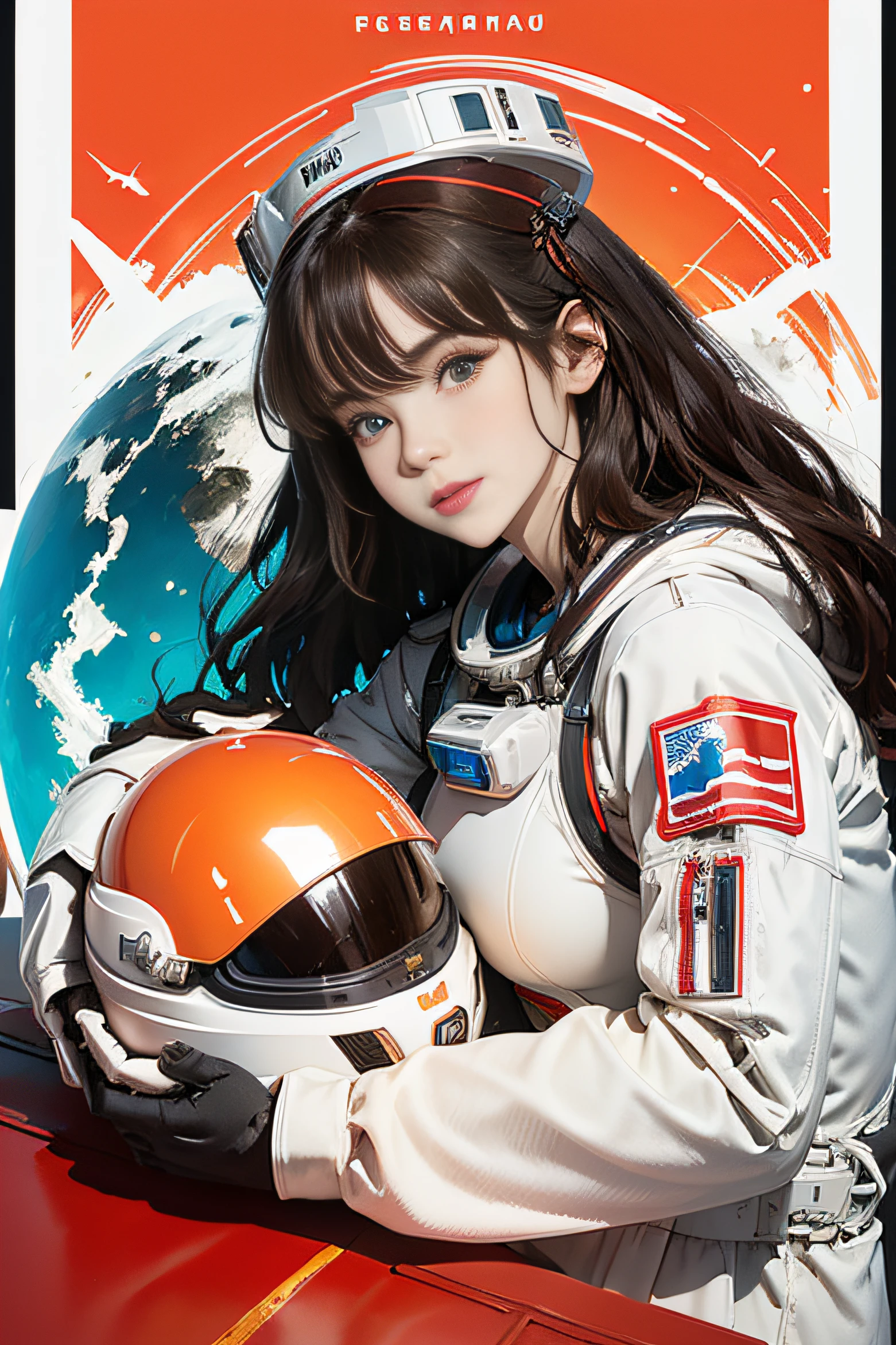 1Girl,flat_pectorals,Cute,Beautiful detailed eyes, shiny hair,You can see it through the hair.,Hair between eyes, CCCPposter, sovietposter,Red monochrome,USSR Poster, soviet,communism, black_heads,red_eyes,Vampire,teenage,Middle breast,space suit:orange_Clothing_Body:jumpsuit),white_glove, white_space shoes, white_helmet, CCCP red letter on the top of the helmet, zero gravity, sidelit, reflection, A person in a spacesuit is located in the lower left corner of the frame, The right hand is outstretched, The right hand gently touches the Salyut space station), Space station in the upper right corner of the screen, Light reflected from the sun, Silver metal,red flag, brilliance,Soviet style, diffuse reflection, Metallic texture, The vista is the blue earth,in mecha style,Sea of Stars,Treble, majestueux