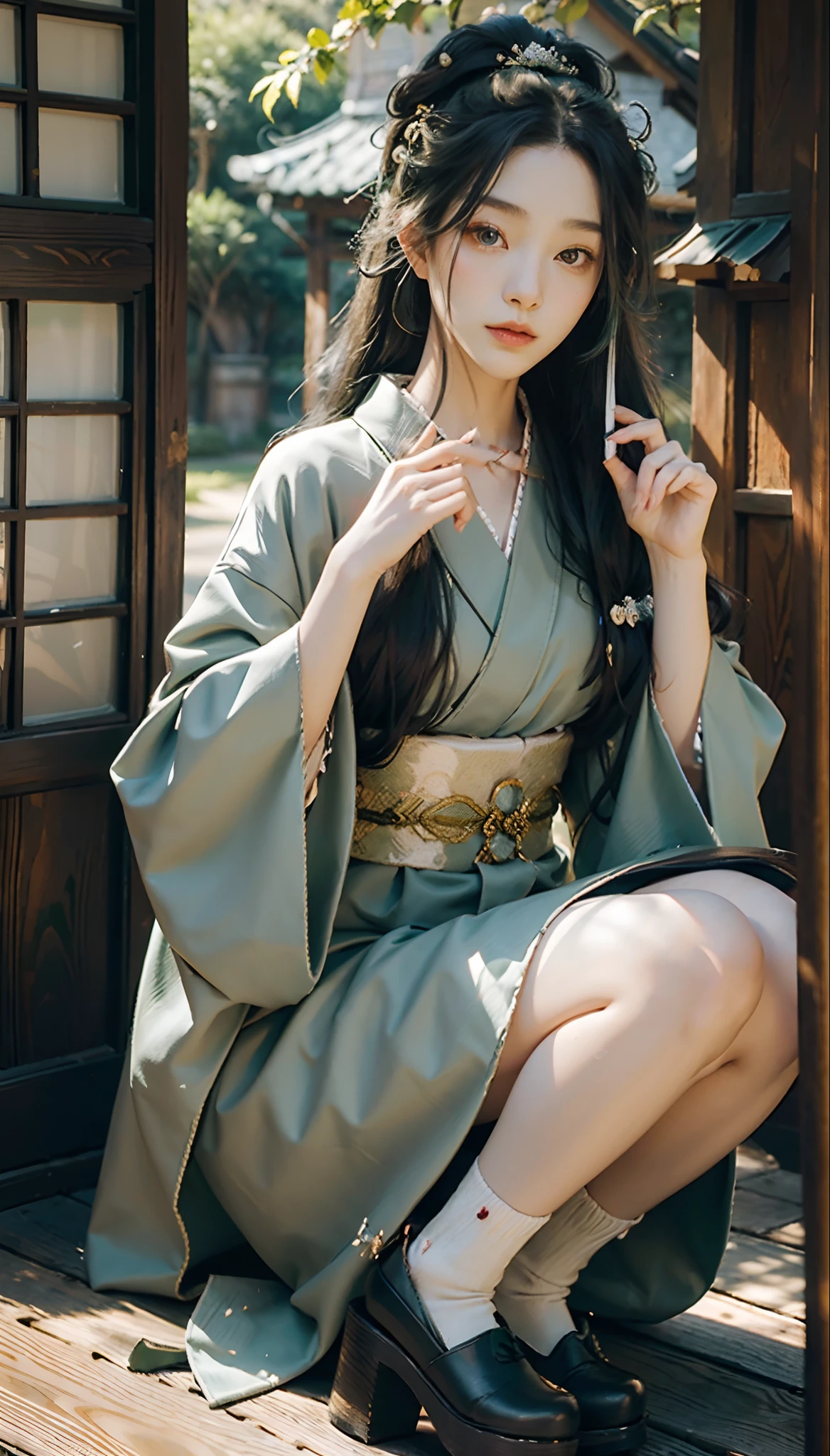 meticulous portrayal of face，1 noblewoman，(Camellia kimono)，(Long flowing black and green hair)，Simple and elegant Japanese clothing，Collar，(black sock，clogs)， s the perfect face， perfect hand， Perfect Finger， Perfect lips， perfect  eyes，Extremely normal body，Ancient Japanese town background，Perfect background