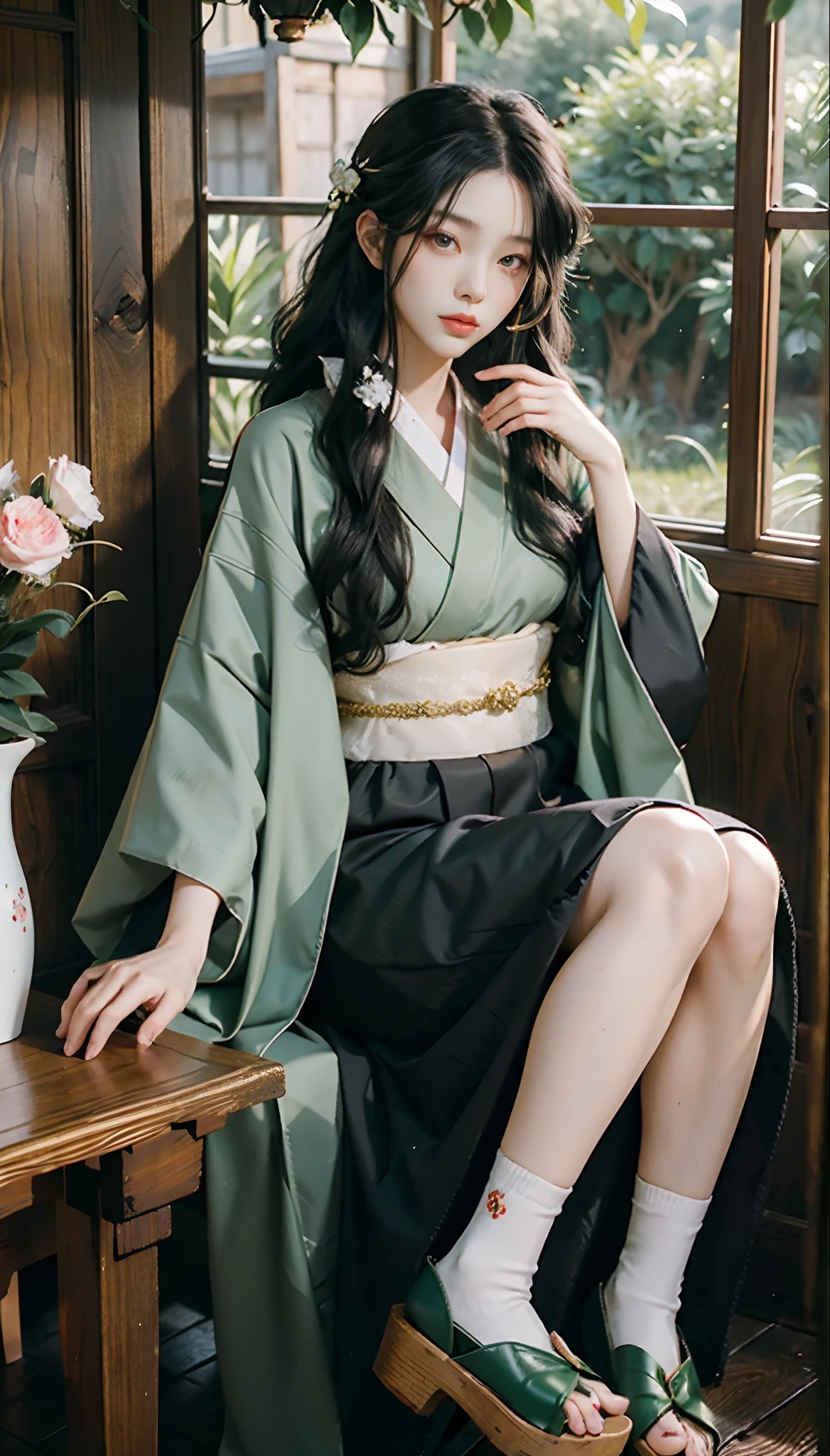 meticulous portrayal of face，1 noblewoman，(Camellia kimono)，(Long flowing black and green hair)，Simple and elegant Japanese clothing，Collar，(black sock，clogs)， s the perfect face， perfect hand， Perfect Finger， Perfect lips， perfect  eyes，Extremely normal body，Ancient Japanese town background，Perfect background