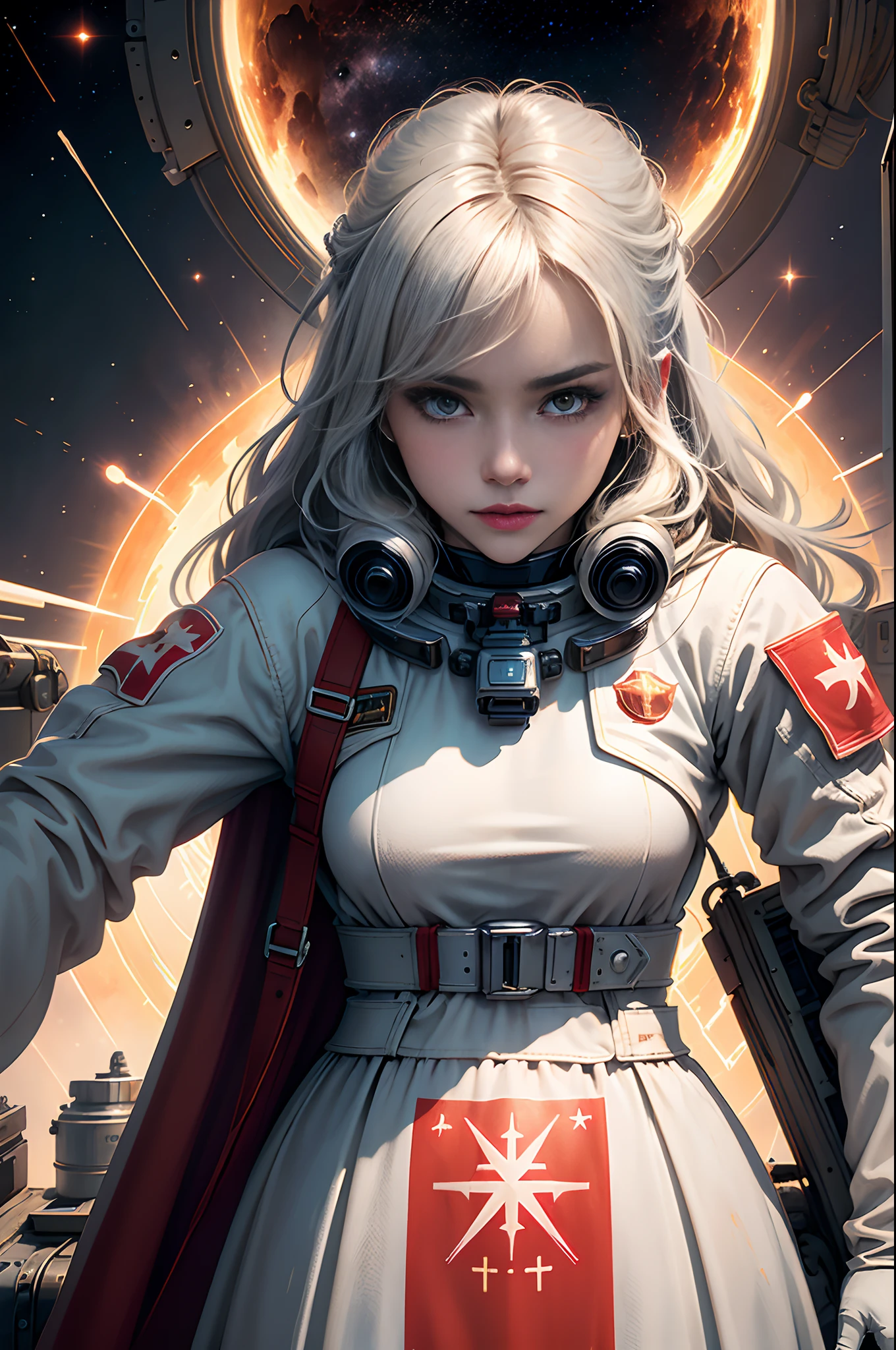 high quality, 8K Ultra HD, high detailed, 1Girl,flat_pectorals,Cute,Beautiful detailed eyes,shiny hair,You can see it through the hair.,Hair between eyes, CCCPposter, sovietposter,Red monochrome,USSR Poster, soviet,communism, black_heads,red_eyes,Vampire,teenage,Middle breast,space suit:orange_Clothing_Body:jumpsuit),white_glove, white_space shoes, white_helmet, CCCP red letter on the top of the helmet, zero gravity, sidelit, reflection, The person in the spacesuit is in the lower left corner of the frame, The right hand is outstretched, The right hand gently touches the Salyut space station), Space station in the upper right corner of the screen, Light reflected from the sun, Silver metal,red flag, brilliance,Soviet style, diffuse reflection, Metallic texture, The vista is the blue earth,in mecha style,Sea of Stars,Treble, majestueux
