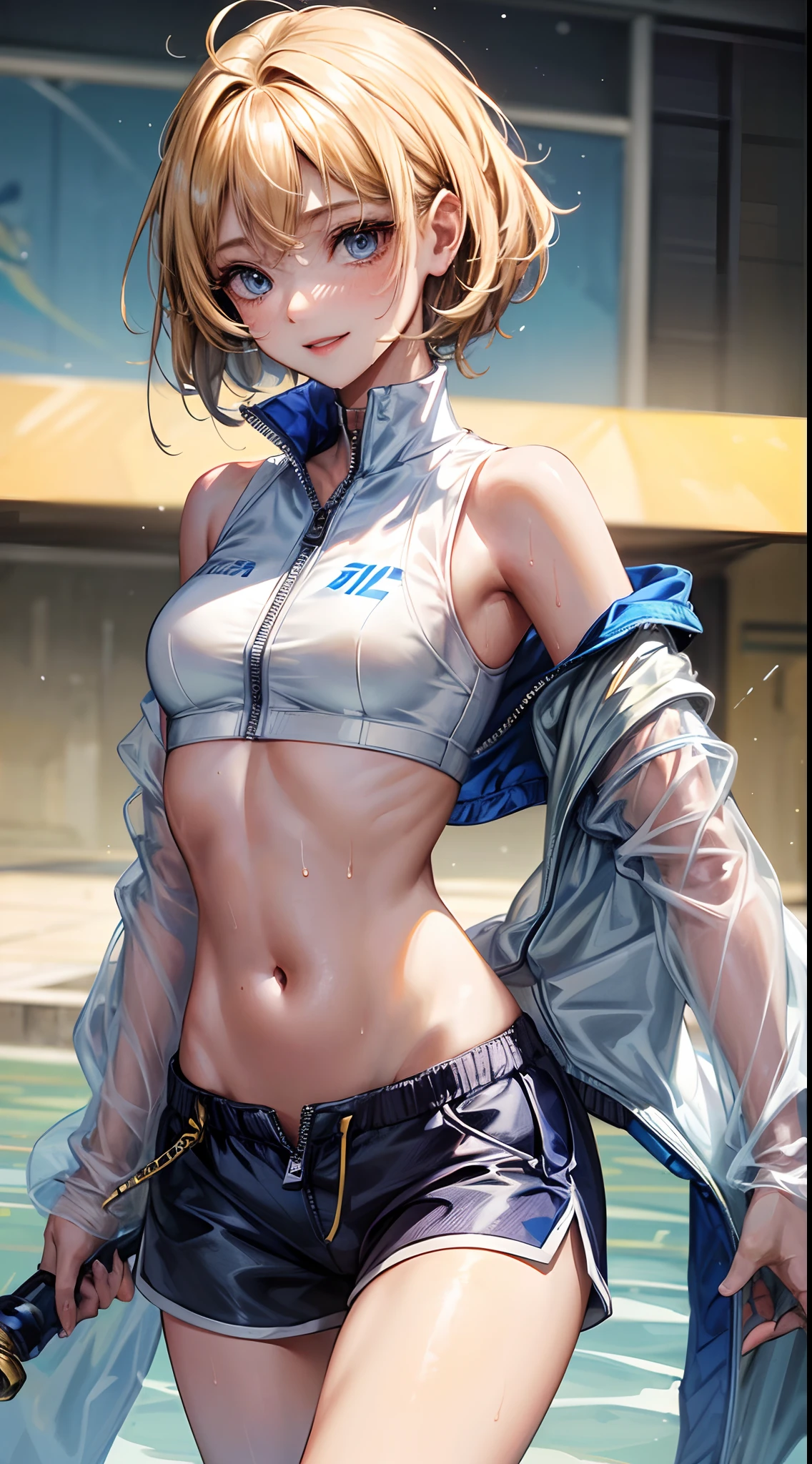 Anime girl with a sword and a jacket standing in a pool - SeaArt AI