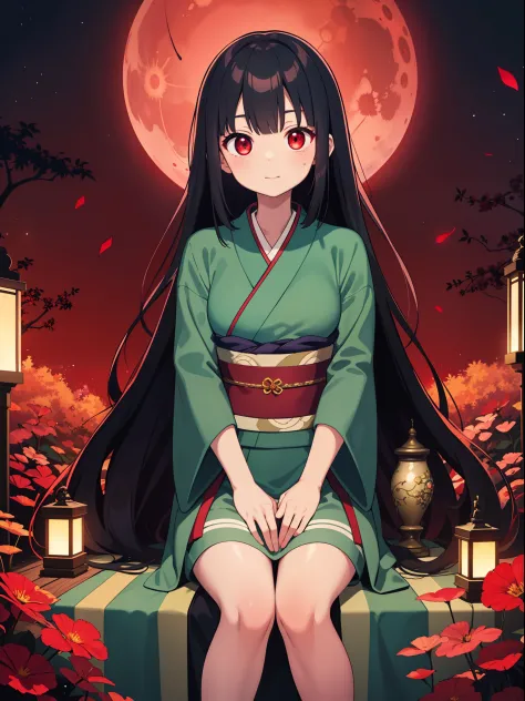 Masterpiece, best quality, 1girl , black hair , red eyes, kimono, obi , hanfu , darkness, dark , luminous, glowing skin, biolumi...