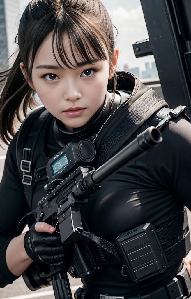 Highest image quality, outstanding details, ultra-high resolution, (realism: 1.4), ((close up:0.75, from front)), Photorealistic, highly condensed 1 lady, full body, aiming with an assault rifle, Combat pose, (Detailed face), looking to the camera, (cloths color black:0.4 white:0.5 other-color:0.1), (wearing rash-guard likes police uniform, gloves,black and gray mecha, wearing futuristic-gasmask, military harness, holding a machinegun, carrying hich-tech-backpack), background grey, Fingers are occluded