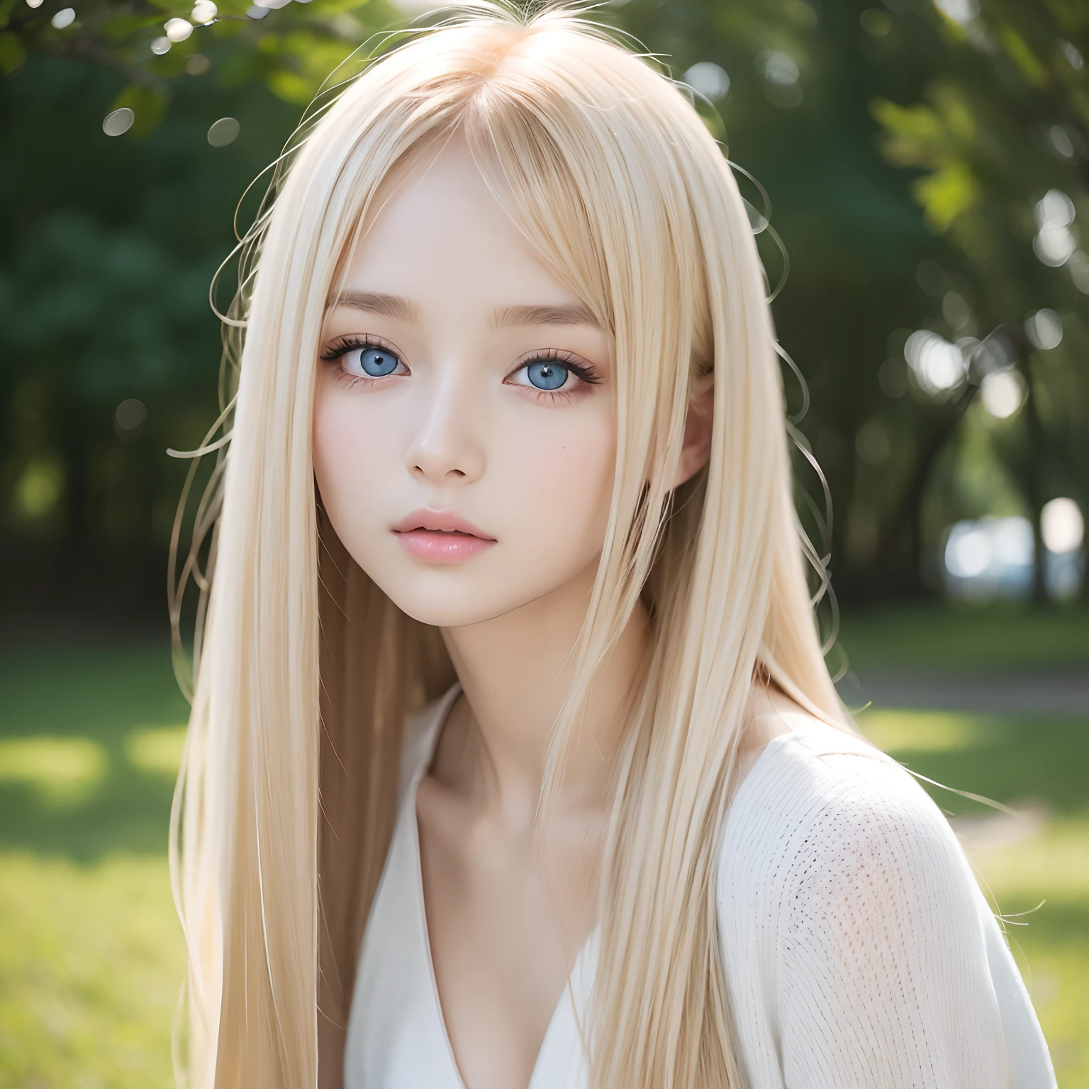 A close up of a woman with long blonde hair and blue eyes - SeaArt AI