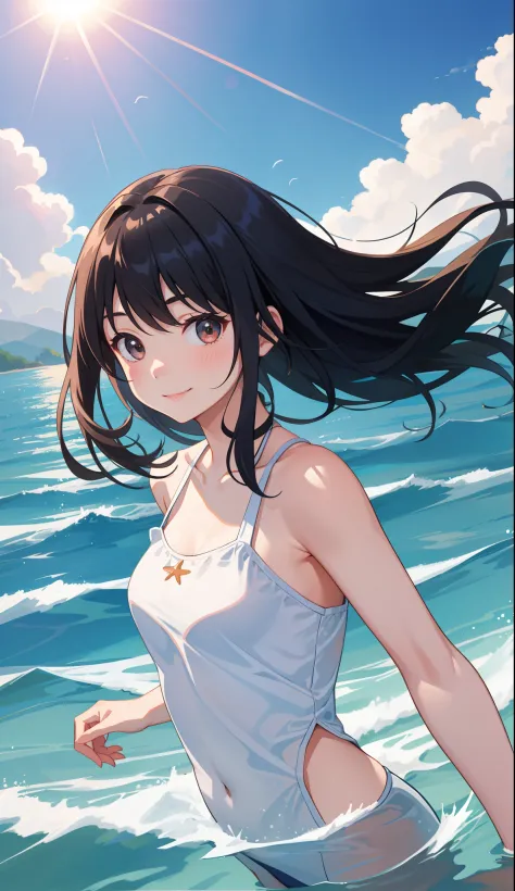 1girl in、AS-Adult、A smile、sea side、suns、the wind、Cute swimsuit、Upper body portrait、