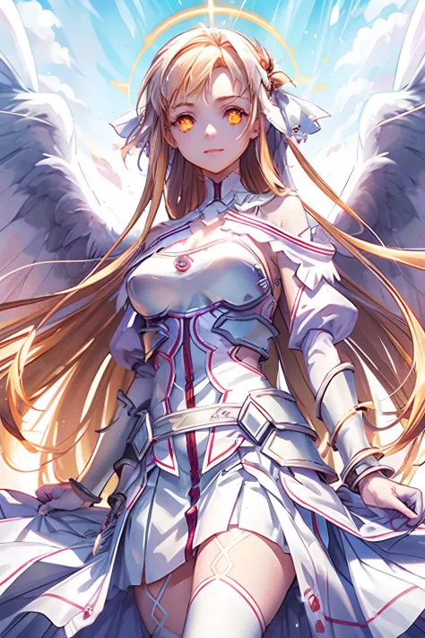 goddess, battlefield, big white wings, white dressing, glowing orange eyes, victory stand, pov, beautiful young woman