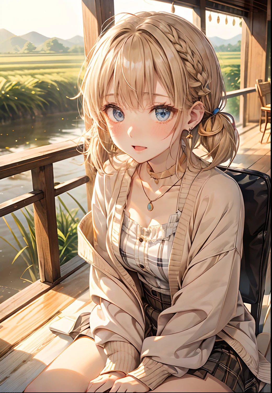 absurderes, (独奏:1.5,)ultra-detailliert,bright colour, extremely beautiful detailed anime face and eyes, view straight on, ;D, shiny_skin,25 years old, Short hair, , asymmetrical bangs, Blonde hair with short twin tails, Shiny hair, Delicate beautiful face, red blush、(Blue eyes), White skin, hair clips, earrings,Brown cardigan、White inner、Black loafers、Argyle check skirt、Blushing、Aimei、early evening、Lots of rice fields、Big sunset、Orange view、Small necklace、