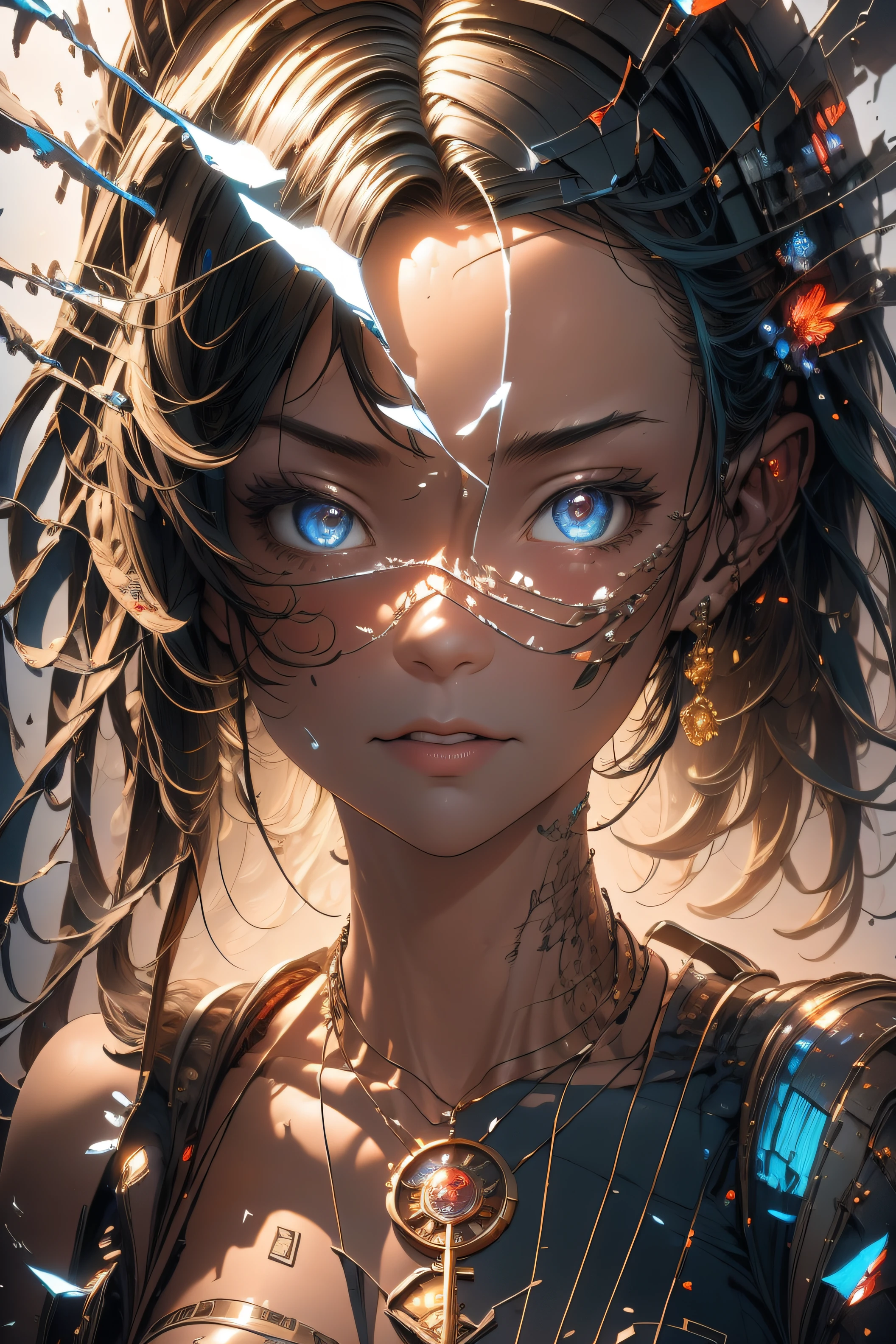 1girl, solo, promo art, by mika pikazo, masterpiece, bare shoulders,  ponytail, looking at viewer, steampunk theme