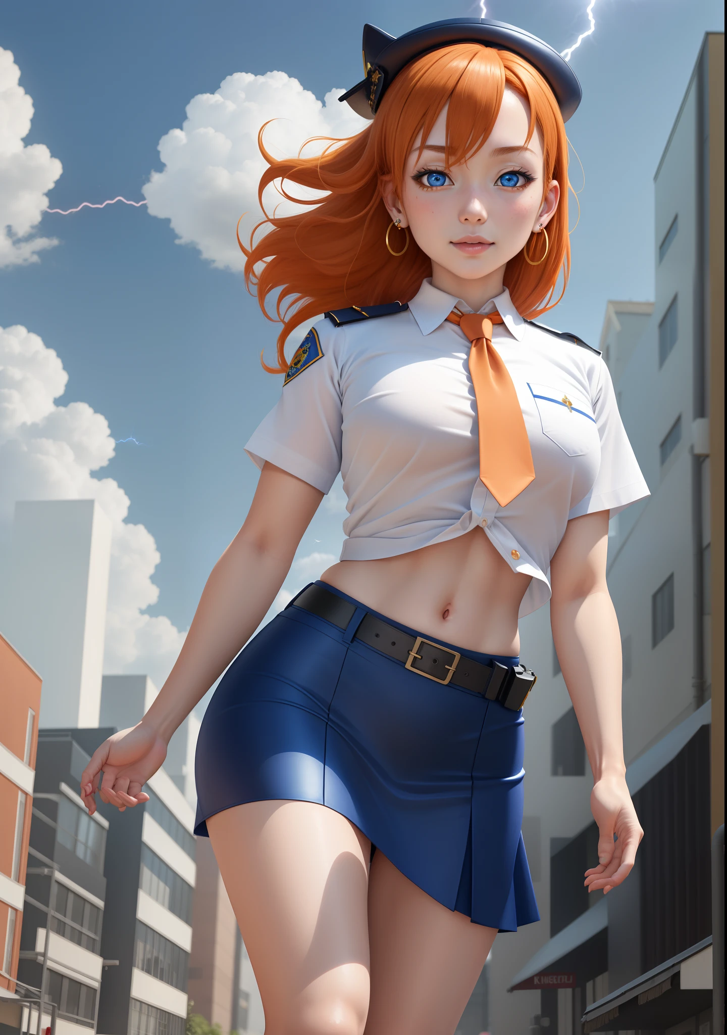 Masterpiece, best quality, (detailed face), realistic art, kousaka honoka, blue eyes, orange hair, flying hair,(smile:0.7) ,white shirt,half sleeves,earrings, dynamic pose, perfect lightning, low-leg pencil skirt, midriff, necktie,ahoge , walking,hands on hip,(sexy oval navel) , police cap,in street,looking at viewer, cowboy shot,(skin tight:1.2)