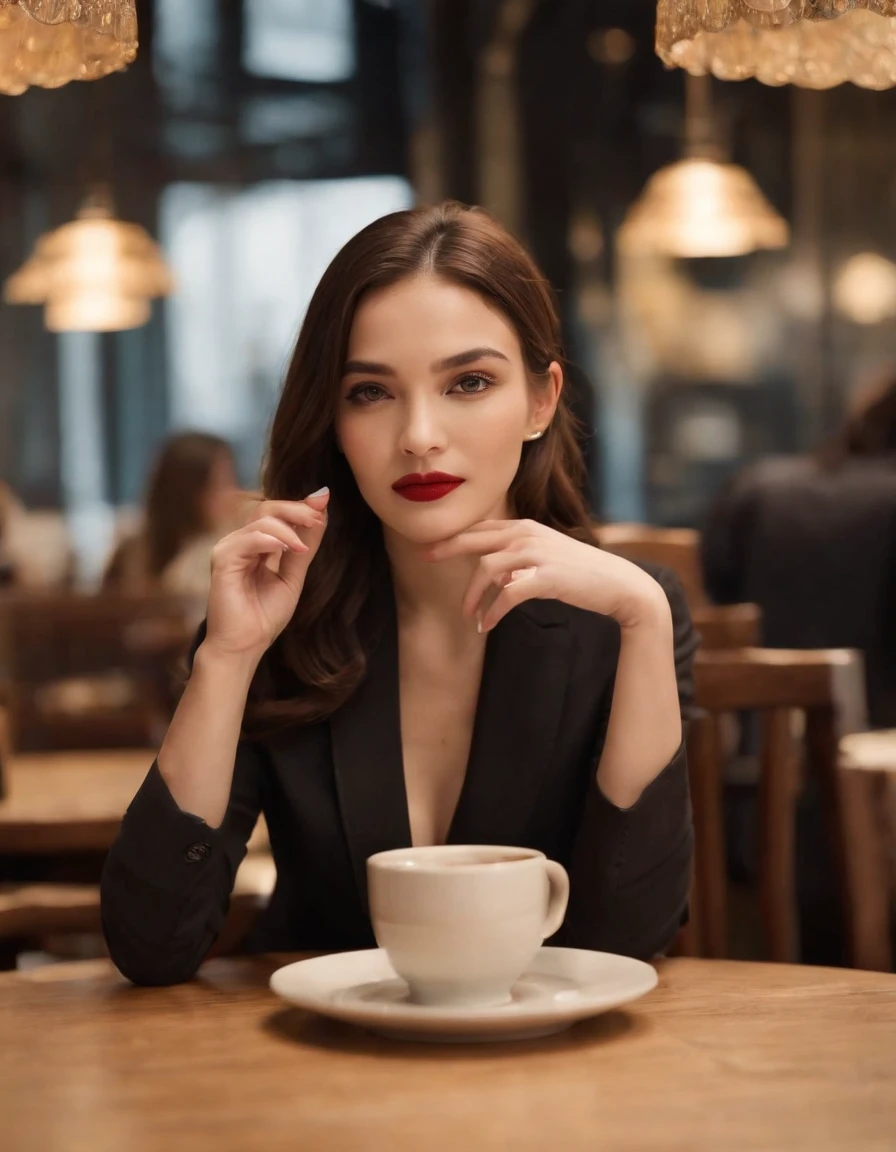 2010s fashion, Medium close-up, Canon EF 85mm f/1.2L II USM, Japan、Woman sitting drinking coffee in restaurant，（Put your hands under the table）， With a black jacket and red lips, The expression is serious, Street Fashion