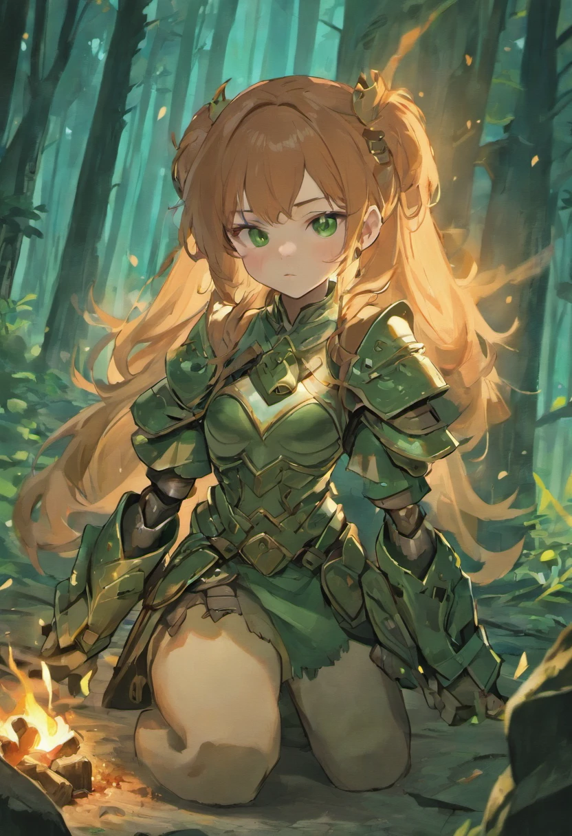 A girl in a green outfit sitting on a rock in the woods - SeaArt AI