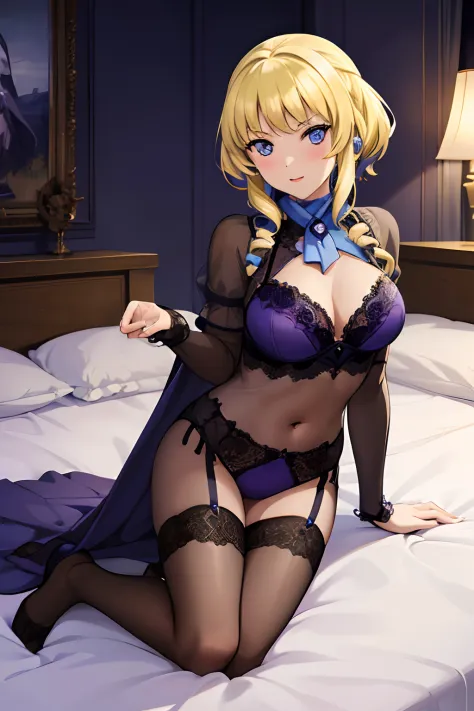 (masterpiece),constance_academy, seductive, on bed, purple and blue lingerie, dark inside, night, (happy)