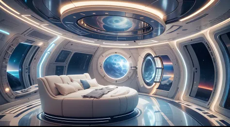 spaceship interior, cabin, Large porthole with a view of the space, Highly detailed,  High-end lighting, World of cinema, Futuristic, cozily, Bright space