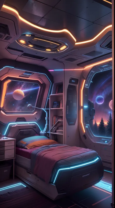Colorful glow of vivid bioluminescence lights ((Spaceship Escape Pod Bedroom)), Very detailed and cozy colorful space theme Hacker core aesthetic high-tech closable door system looks, Computer screen, Collapse the work desk in the escape pod, Hang a sleeps...