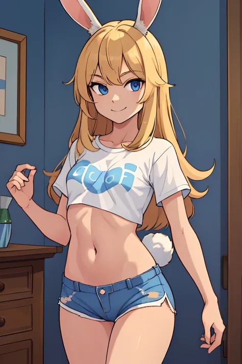 (masterpiece, best quality:1.2), cowboy shot, solo, 1girl, skinny, long fluffy blond hair, tall, white t-shirt, blue short shorts, cowboy shot, slight smile, crop top, pajamas, stomach, navel exposed, small breasts, rabbit ears, rabbit tail