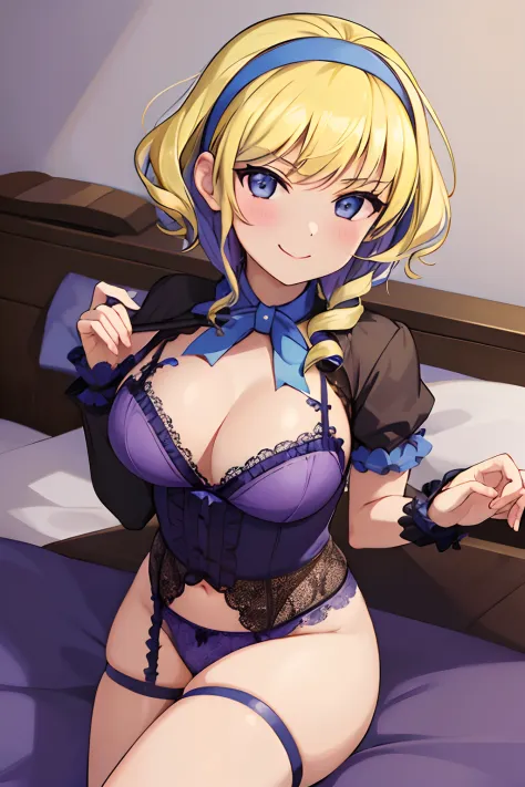 masterpiece, best quality, constance_academy, hairband, smug, on bed, seductive, fancy blue & purple skimpy lingerie, night, smile,