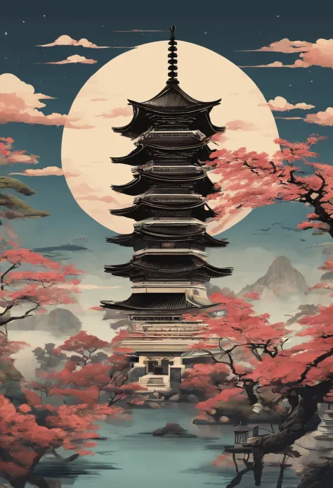(Masterpiece), (Best quality), (best detail), (Distant general view), （The feeling of a poster），japanese temples，five-storied pagoda，waxy candles，Light，（paper cut out）