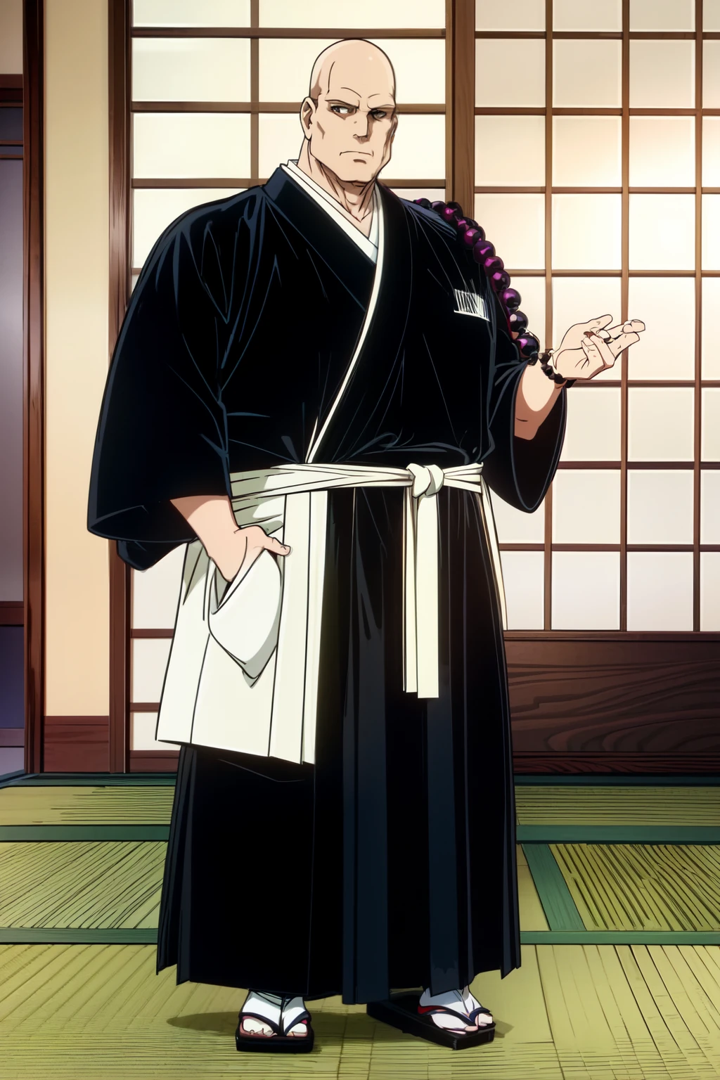 kyoto animation, flat color style, 1 old men, Tenkai, ((no hair, no beard:1.2)), black japanese-temple clothes, shakujo, ((white obi)), ((black hakama, black kimono)), huge prayer-beads necklace,