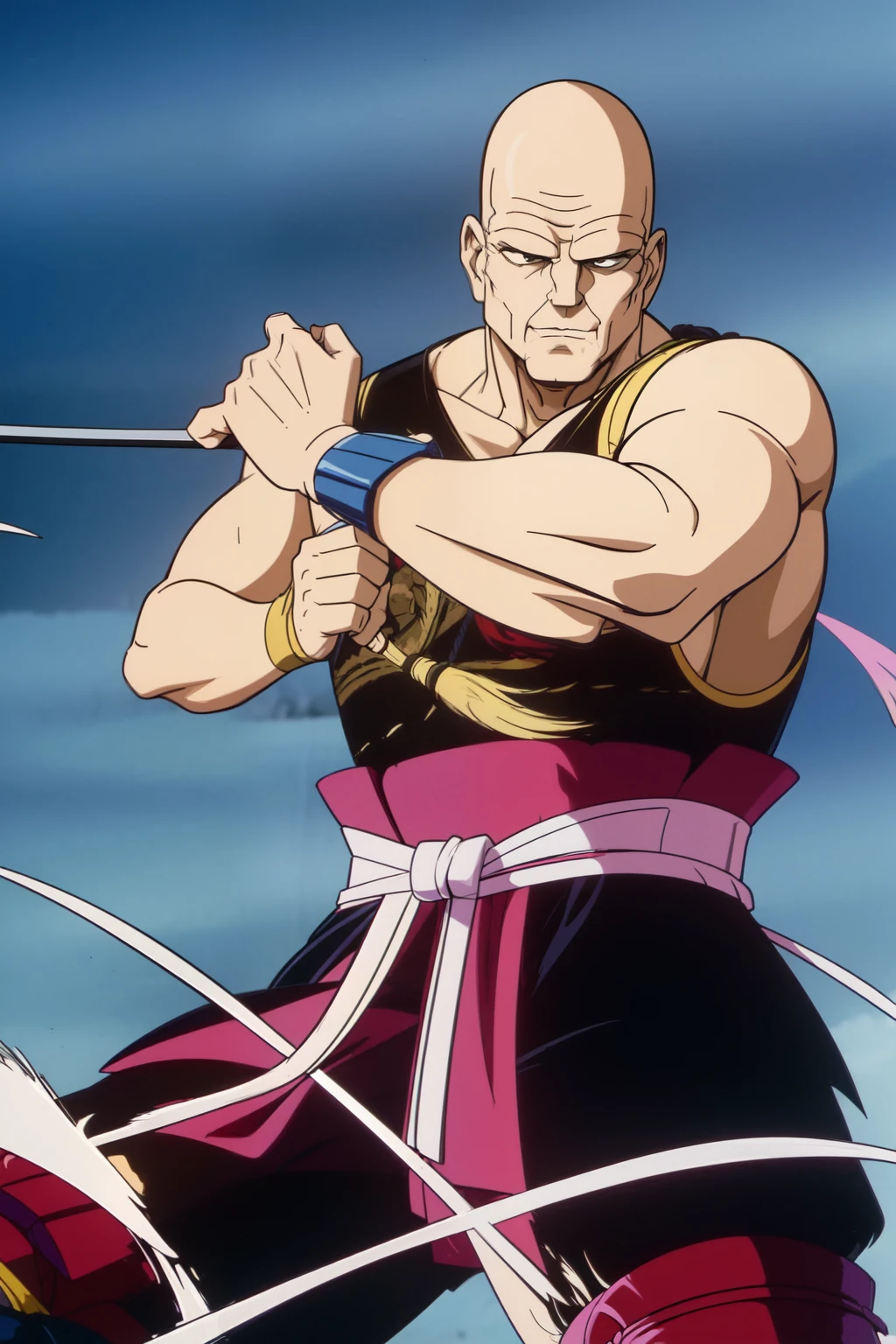 1980s anime style, 1 old men, Tenkai, ((no hair, no beard:1.2)), battle armor style, Shikomi katana, Japanese hill wilderness,