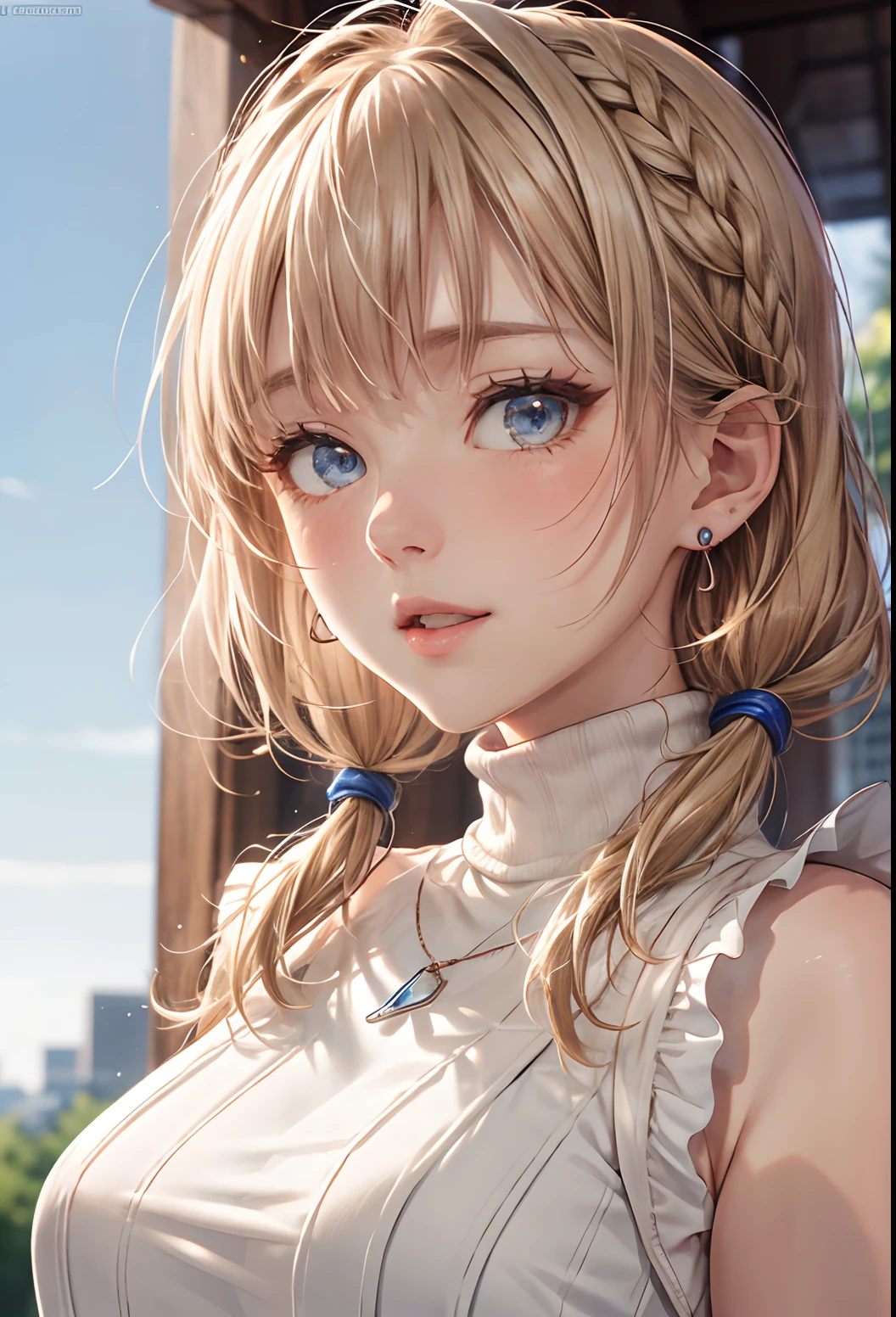 absurderes, ultra-detailliert,bright colour, extremely beautiful detailed anime face and eyes, view straight on, ;D, shiny_skin,25 years old, Short hair, , asymmetrical bangs, Blonde hair with short twin tails, Shiny hair, Delicate beautiful face, red blush、Blue eyes, White skin, hair clips, earrings, a necklace,(Brown Turtleneck Sleeveless:1.2), Beautiful cloud, Dusk sky,
