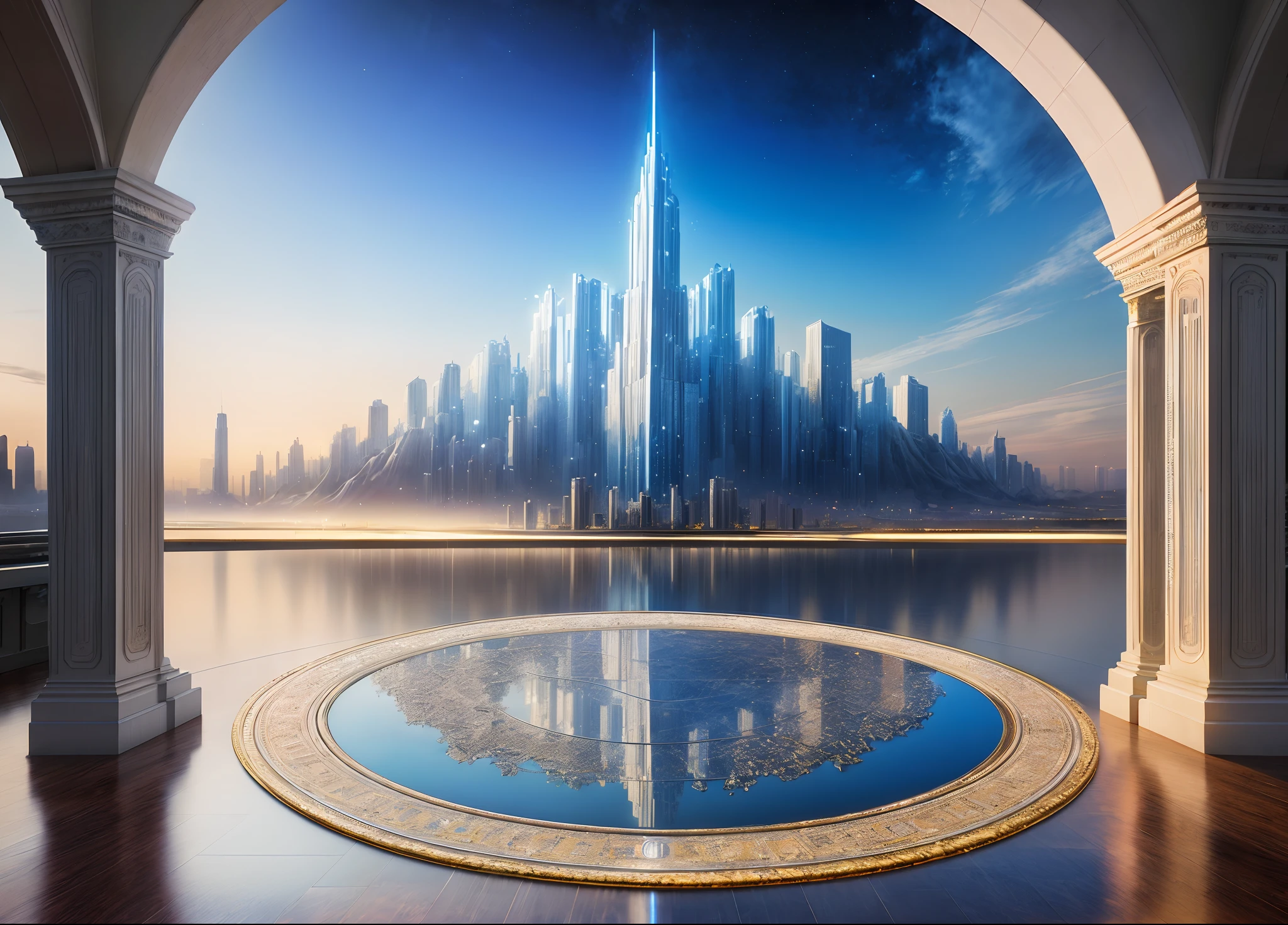 mejor calidad, obra maestra, Fotorrealista, (ilustraciones CGI de alta resolución 8k), Crea un hito de la ciudad celestial, El tema es etéreo, Colores marfil reflectante y azul claro, alta resolución, 3D-rendered obra maestra, arte digital