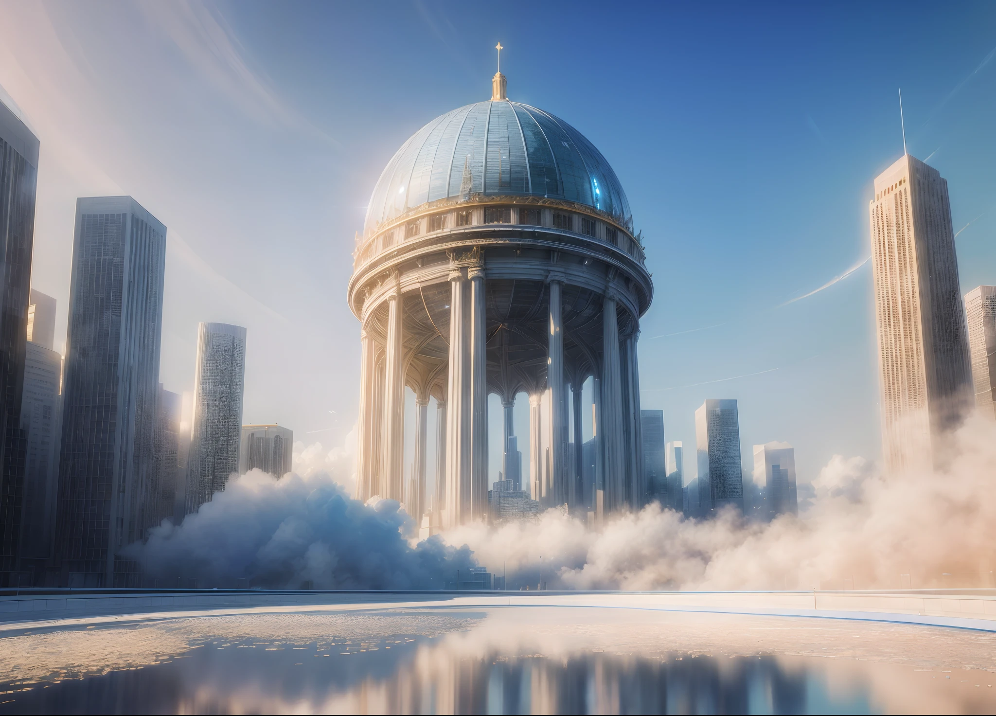 melhor qualidade, obra de arte, fotorrealista, (Arte CGI de alta resolução 8k), crie um marco da cidade celestial, o tema é etéreo, marfim reflexivo e cores azuis claras, alta resolução, 3D-rendered obra de arte, arte digital