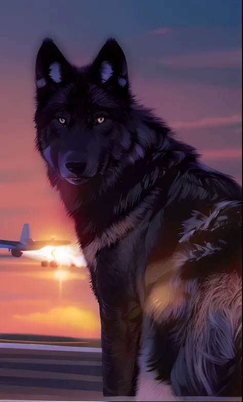 black wolf near the planes, runway, in the airport