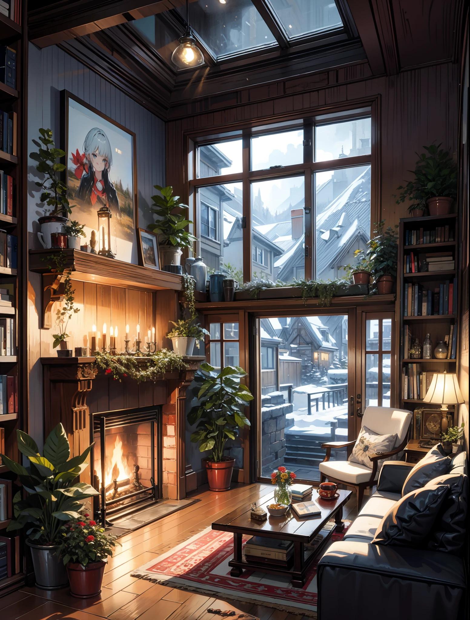 painting of a canada montreal living room, beautiful snowy view, big window, fireplace,sofa,quill,book,rugbeautiful calm lofi vibe,bushes,flowers, residential area,golden hour, snowy night,dusk,4k hd, cloud,beautiful art uhd 4 k, a beautiful artwork illustration, beautiful digital painting, highly detailed digital painting, beautiful digital artwork, detailed painting 4 k, very detailed digital painting, rich picturesque colors, gorgeous digital painting
