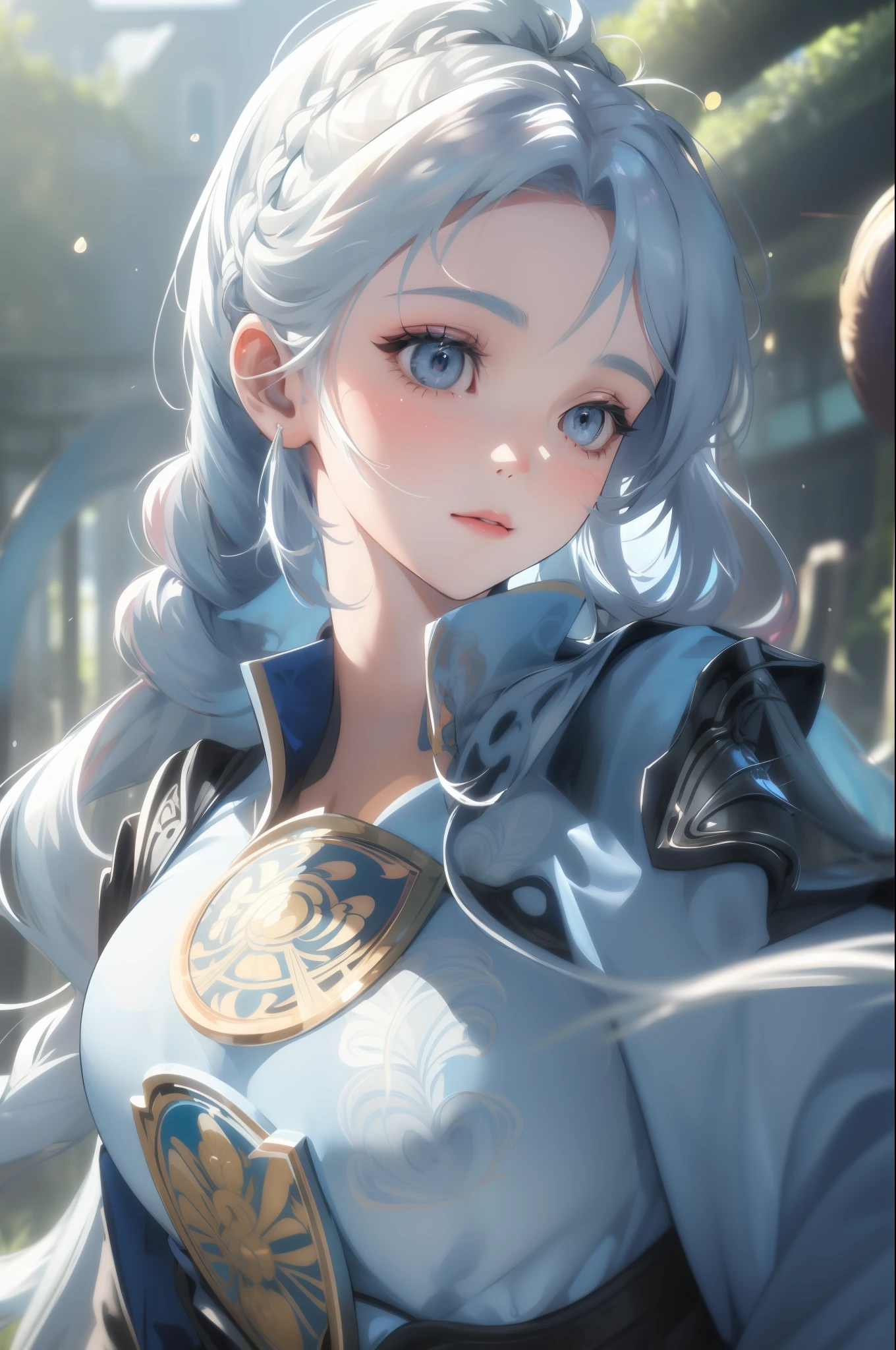 (best quality,masterpiece:1.2), 1girl, long hair, beautiful blue eyes, elegant silver wavy hair, braid, flowing dress, large-sized breasts, radiant smile, delicate features, tranquil forest, vast open field, dappled sunlight, serene atmosphere, 
(knightly armor:1.1),
(close up to upper body:1.1), detailed facial expression, refined skin texture, 
(vivid colors), vibrant hues, rich color palette, soft focus background, perfect body,