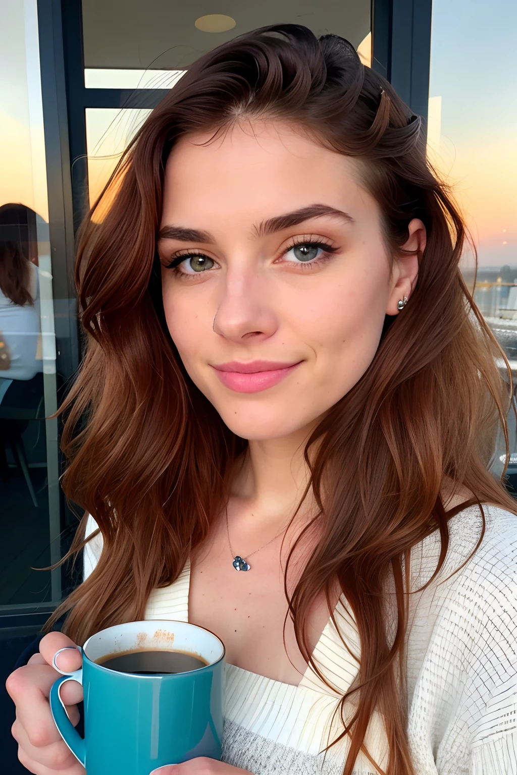 Belle brune portant un pull beige (Holding a cup of coffee in a modern café at sunset), Very detailed, 21 ans, visage innocent, natural wavy hair, yeux bleus, High resolution, Masterpiece, Best quality, Intricate details, highly detailed, mise au point nette, detailed skin, realistic skin texture, texture, detailled eyes, professionnel, 4K, sourire charmant, filmed in Canon, 85 mm, faible profondeur de champ, Couleur Kodak Vision, perfect fit body, Extremely detailed, photographier_\(ultra\), photoreallistic, Realstic, Post-traitement, maximum details, roughness, real life, ultra realist, photorealism, photographie, 8K UHD, photographie
 Info, ginger hair