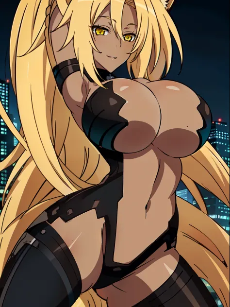 masterpiece, high quality, extremely detailed, 1girl, mature female, solo, (dark brown skin:1.6), yasaka dxd, (gigantic breasts:1.3), parted lips, ((blonde hair, yellow eyes, very long hair, ponytail)), fox girl, fox ears, kitsune, outfit-blackgh, black gl...
