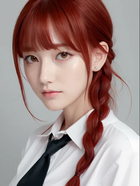 (Best Quality, masutepiece:1.2), 1 girl, Solo, red hair,Eyes with beautiful details,(white shirt),The upper part of the body,Black tie,Bangs,ear, braid hair,