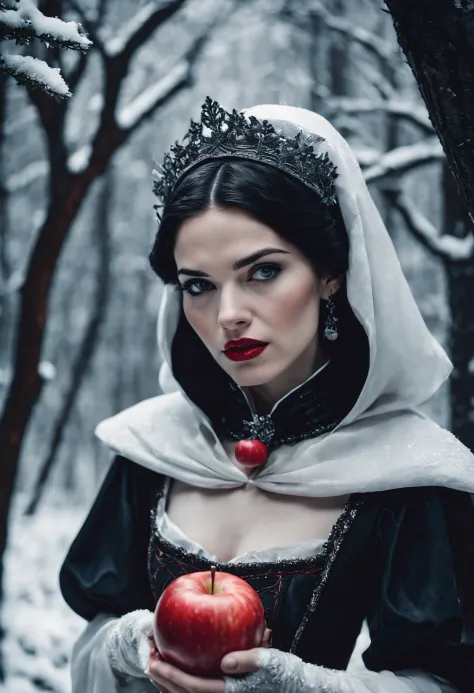 high quality cinematic (black and white) photo of snow-white holding a (bright-red) apple in an enchanted forest, close shot, de...