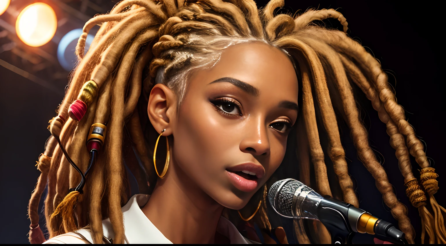 Protrait, a photo of, Neutral Hunnuman, Oval jaw, delicate features, beautifull face, , beautifull face, beautifull face, beautifull face, prefect skin, prefect skin, prefect skin, prefect skin, Long ponytail, (microphone), (Singing on the club stage), (Hip Hop), (Hip Hop), (Hip Hop), (Dreadlocks), (Dreadlocks), (Dreadlocks)