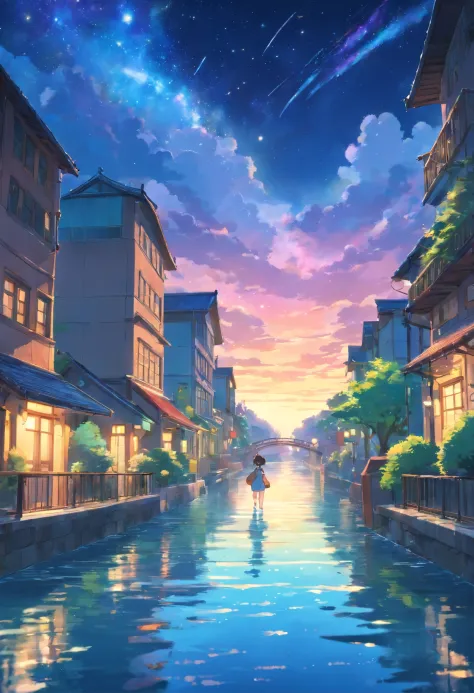 High-quality masterpieces ，scenecy，Animated teenager crossing the water surface of campus， Bright starry sky。Romantic Campus，Pisif，concept-art，Laffy Art Style，Reflectors。 By Shinkai Makoto, lofi art, beautiful anime scene, Anime landscapes, Detailed scener...