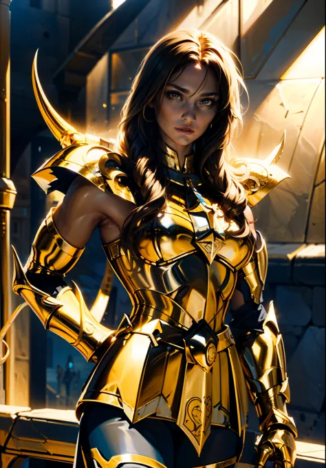 The character of a female knight in golden armor de escorpian , (1girl in), Character of a female knight in golden armor, Female Knight of the Zodiac Scorpion , Set against the backdrop of the impressive scorpion king Aurobo Eel in the sky, 8K High Definit...