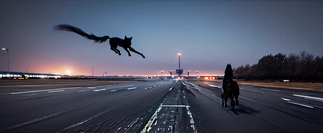 black wolf is running across the runway
